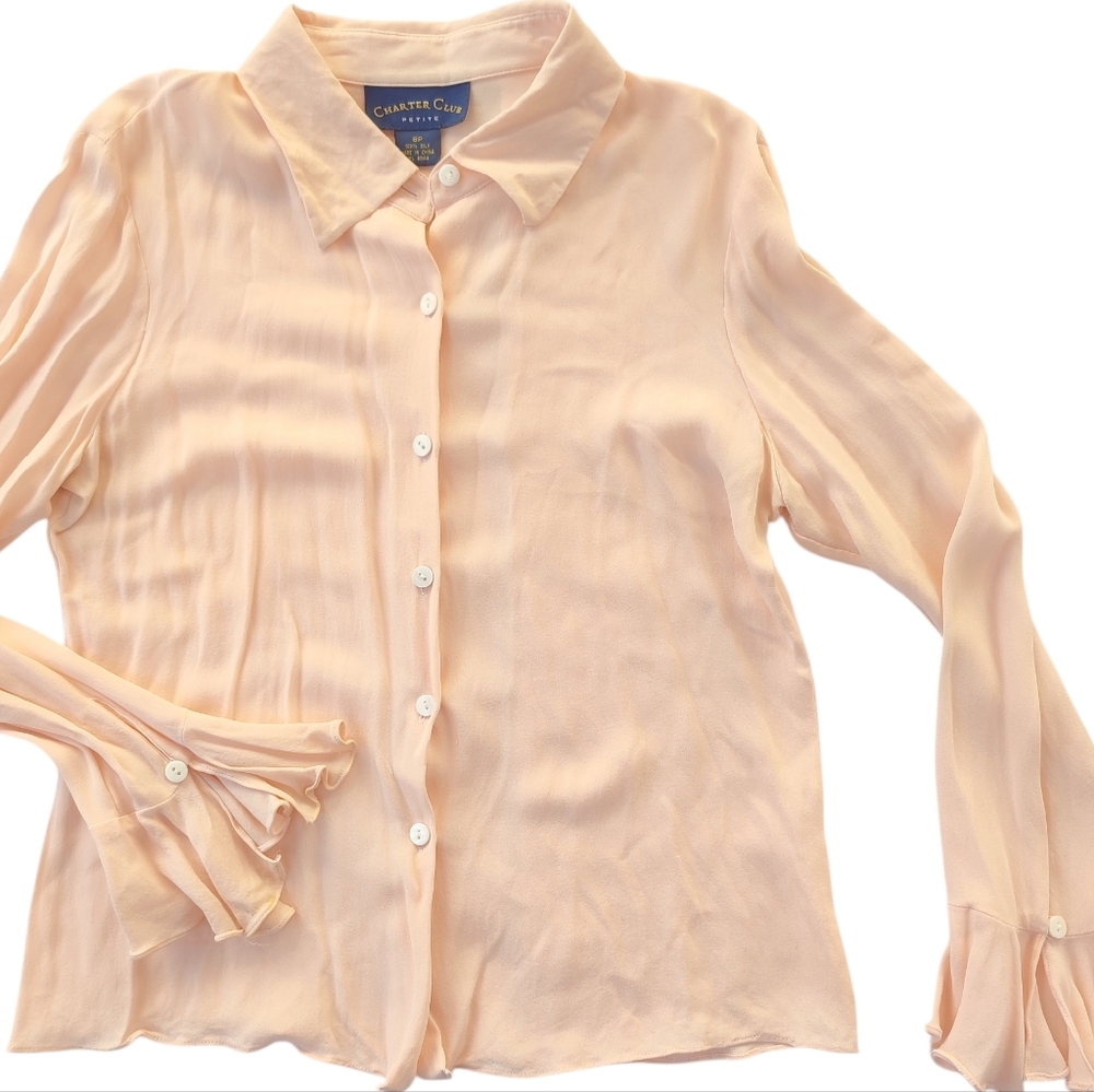 Charter Club 100% Silk Peach Blouse W/Fluted Ruffle Cuff Size 8 Petite
